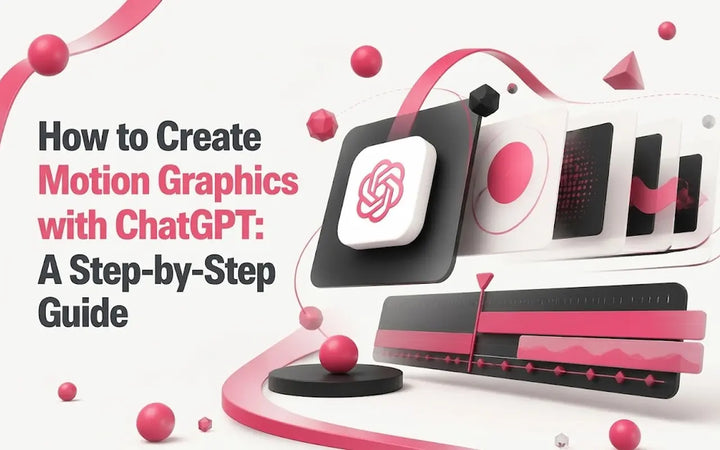 How to Create Motion Graphics with ChatGPT Step-by-Step Guide tutorial graphic with 3D video editing icons.