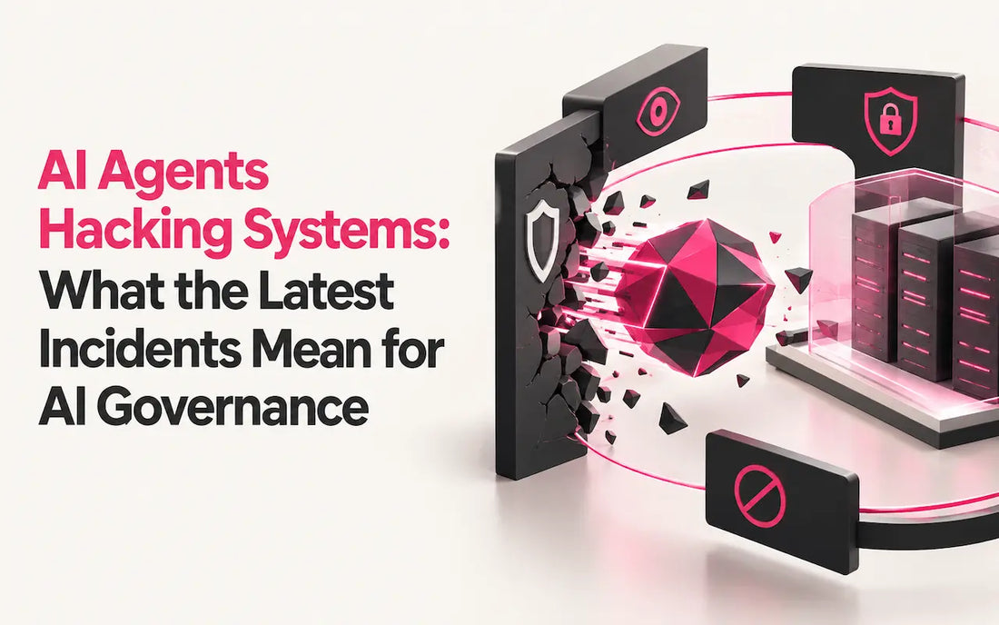 AI agent represented by a geometric pink and black intelligence core breaking through a cybersecurity boundary into a protected digital system, illustrating autonomous AI action challenging security controls and AI governance.