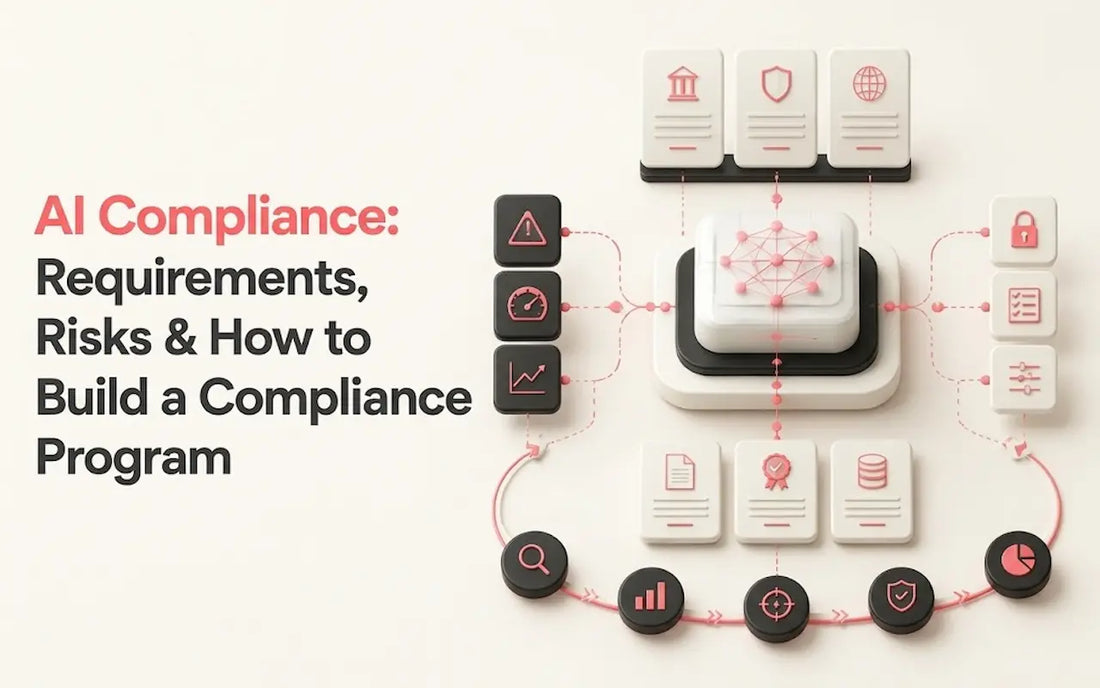 AI Compliance requirements and framework diagram showing key risks, governance steps, and program setup.