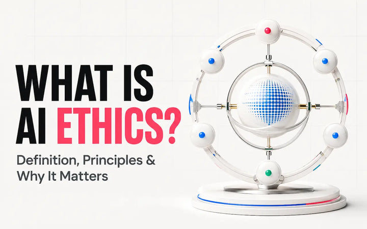 AI ethics concept showing an AI system surrounded by governance, oversight, and responsible AI principles.