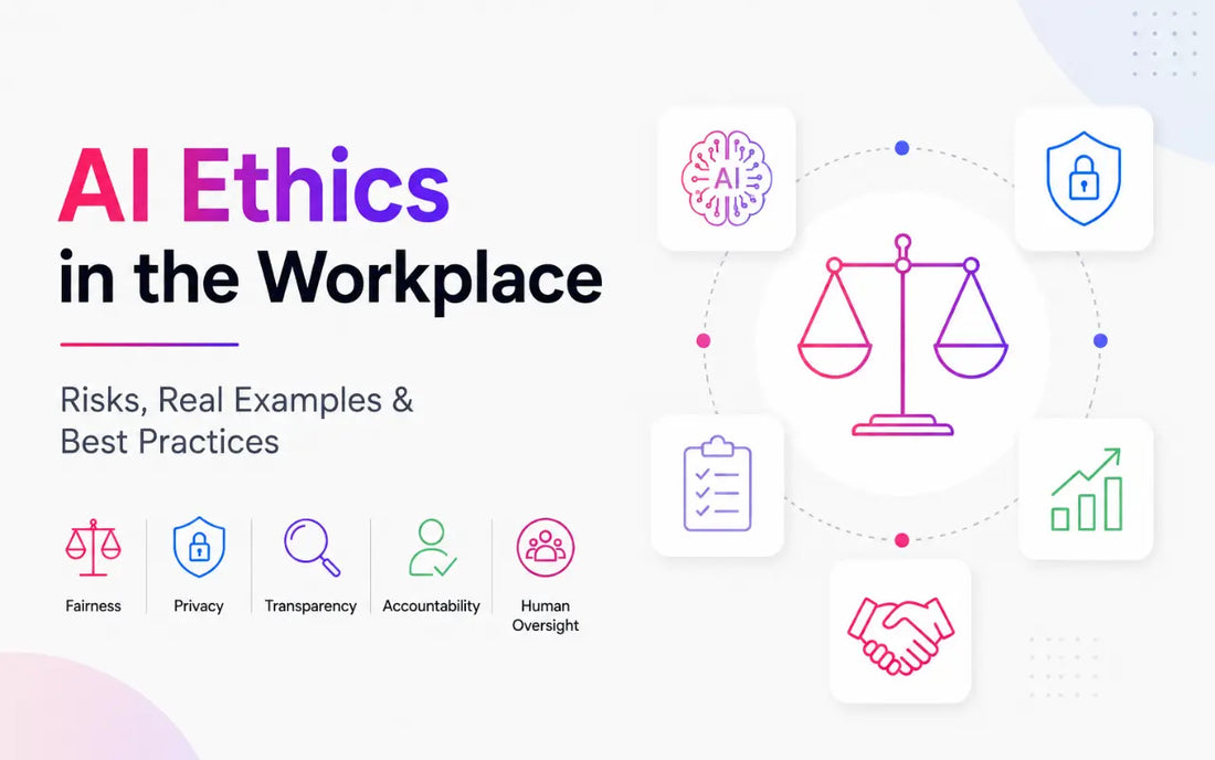 AI ethics in the workplace infographic showing fairness, privacy, transparency, accountability, and human oversight.