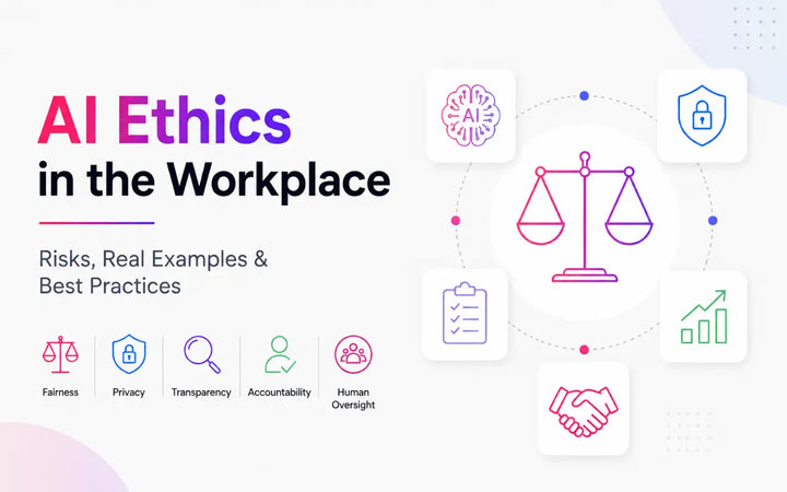 AI ethics in the workplace infographic showing fairness, privacy, transparency, accountability, and human oversight.