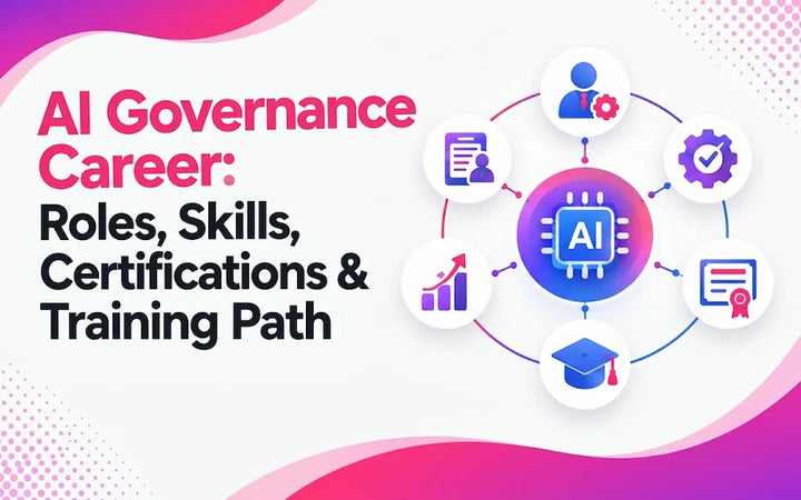 An instructional banner titled "AI Governance Career," featuring the text in bold pink and black lettering.