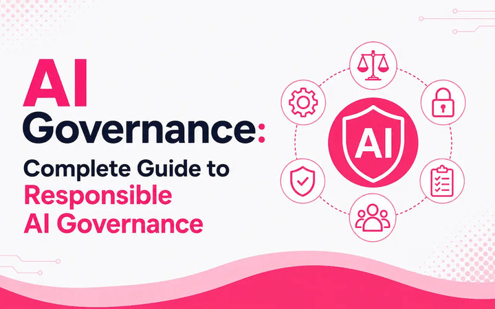 AI Governance: Complete Guide to Responsible AI Governance feature image with flat AGC pink graphics representing ethics, security, compliance, accountability and risk management.