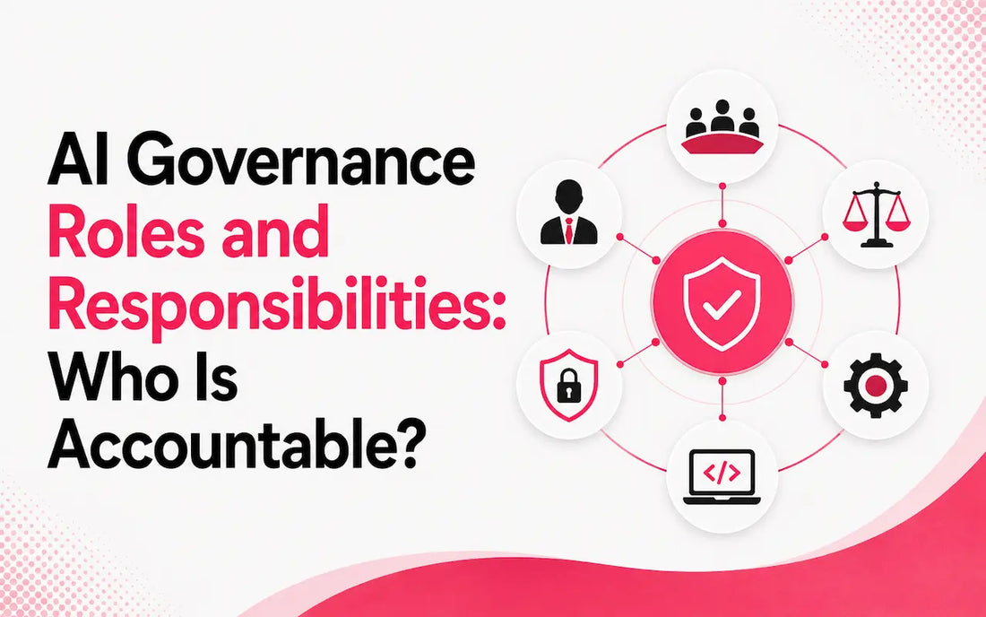 AI Governance Roles and Responsibilities: Who Is Accountable? feature image with connected governance, oversight, compliance, security and technical role icons in AGC branding.