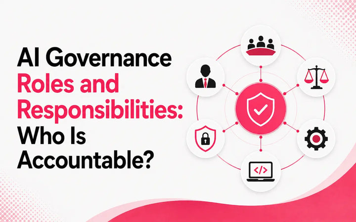AI Governance Roles and Responsibilities: Who Is Accountable? feature image with connected governance, oversight, compliance, security and technical role icons in AGC branding.