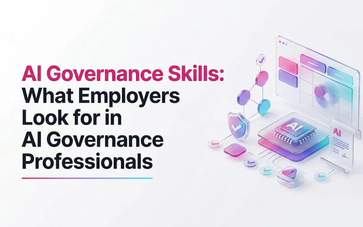 AI governance skills employers seek in AI governance professionals, featuring compliance, risk management, policy, and professional competency icons.