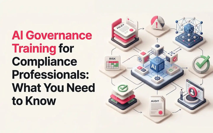 Structured AI governance training framework for compliance professionals showing policy cards, audit checks, risk controls, and connected digital AI nodes.