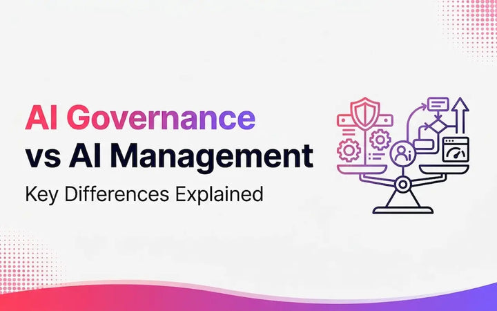 AI governance vs AI management infographic explaining the key differences between AI governance and AI management, with a visual of governance, risk controls, decision-making, processes, and AI system oversight.