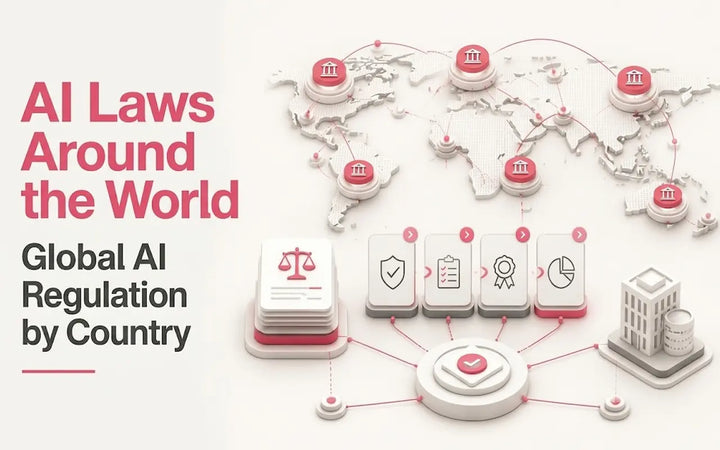 Isometric infographic about global AI regulation featuring a 3D world map, legal symbols, and policy workflow icons.