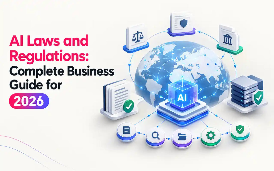AI laws and regulations business guide infographic showing a global AI regulatory framework with connected jurisdictions, legal documents, compliance controls, and an AI governance system, titled “AI Laws and Regulations: Complete Business Guide