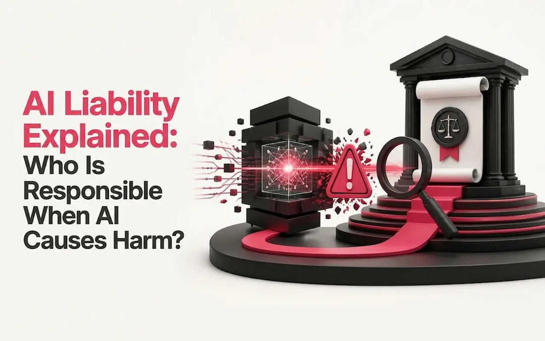 Infographic with text: "AI Liability Explained: Who Is Responsible When AI Causes Harm?" The image depicts legal accountability for AI systems, including a server rack and a court house.
