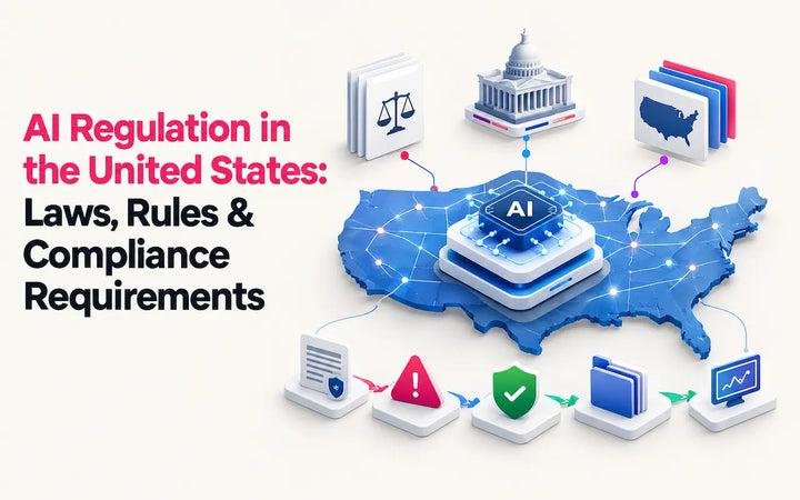 AI regulation in the United States illustrated with a U.S. map, AI governance framework, legal documents, regulatory layers, risk controls, compliance checks, documentation, and monitoring indicators.