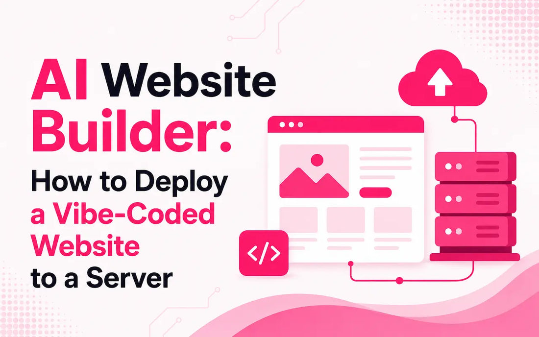 AI Website Builder: How to Deploy a Vibe-Coded Website to a Server feature image with website interface, code icon, cloud upload, and server deployment graphics in AGC pink branding.