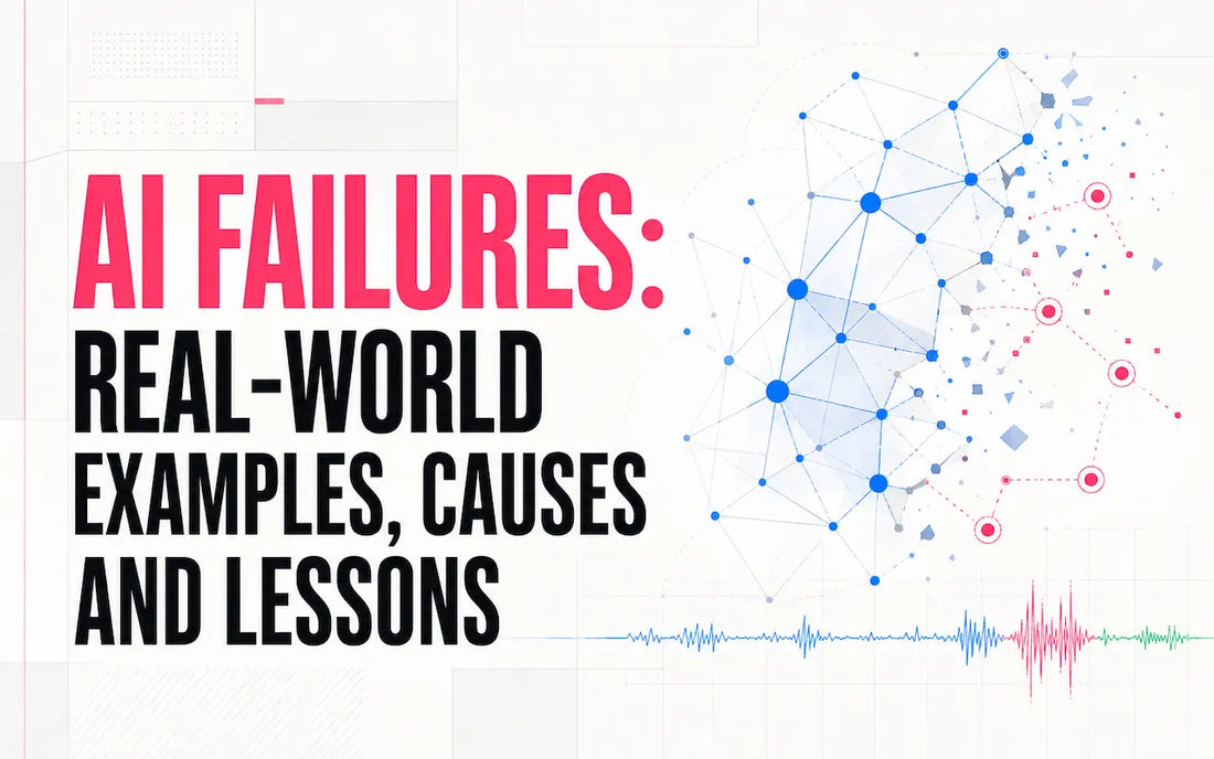 AI failures feature image showing a fragmented AI network with the title “Real-World Examples, Causes and Lessons.