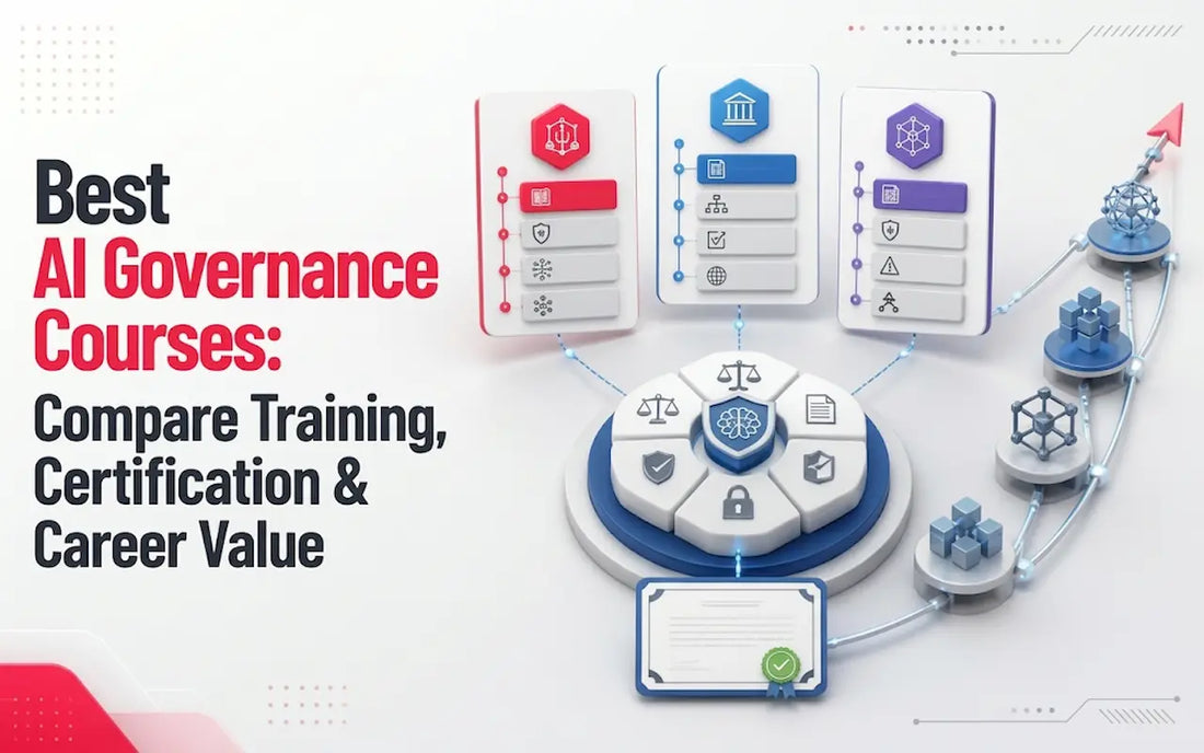 A clean 3D infographic illustrating "Best AI Governance Courses," featuring connected columns for content, ethical principles, risk management, and regulatory compliance leading to a certification and a professional success pathway.