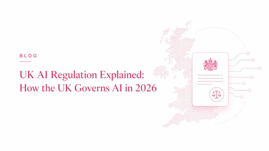 Minimalist blog cover for “UK AI Regulation Explained: How the UK Governs AI in 2026” with a UK map, legal document, and AI circuit graphics in pink.