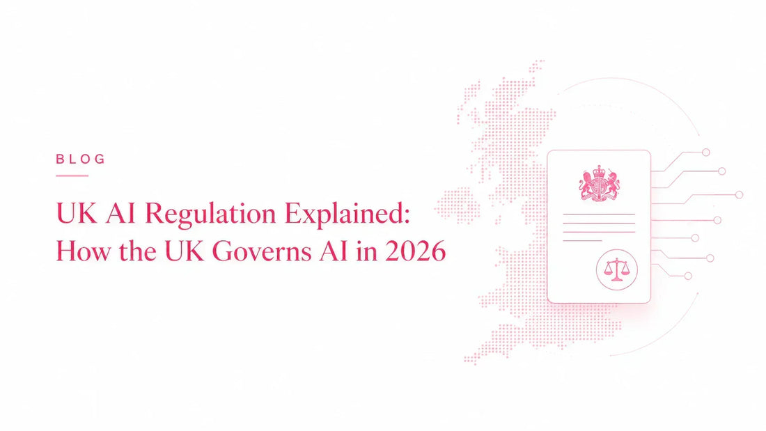 Minimalist blog cover for “UK AI Regulation Explained: How the UK Governs AI in 2026” with a UK map, legal document, and AI circuit graphics in pink.