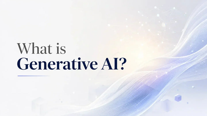 Minimal blog cover image with the title “What is Generative AI?” featuring elegant typography, abstract AI waves, and neural network graphics.