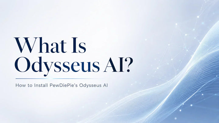 Minimal blog cover image titled “What Is Odysseus AI?” with elegant typography, soft blue AI waves, and subtle neural network graphics.