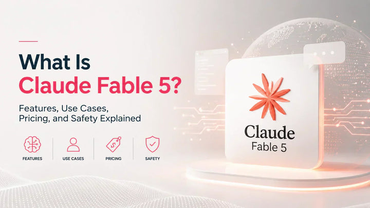 What Is Claude Fable 5? Feature image illustrating Claude Fable 5 AI with highlights on features, use cases, pricing, and safety.