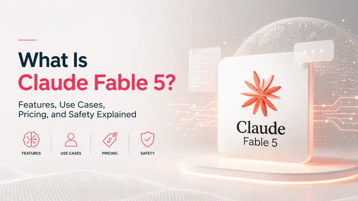 What Is Claude Fable 5? Feature image illustrating Claude Fable 5 AI with highlights on features, use cases, pricing, and safety.