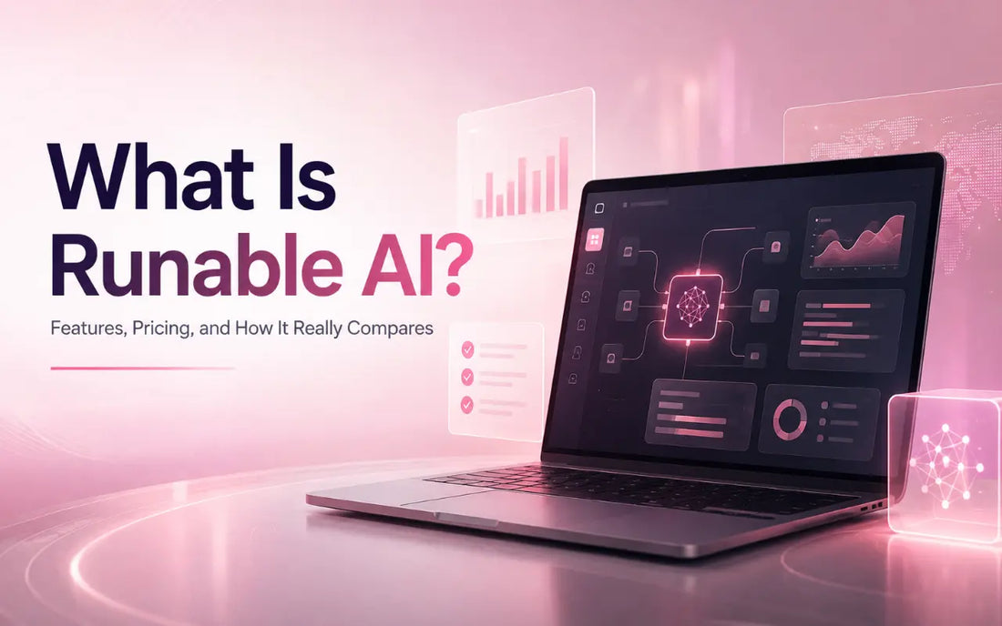 Blog cover for “What Is Runable AI?” featuring an AI dashboard on a laptop with pink-toned interface graphics and data visualizations.