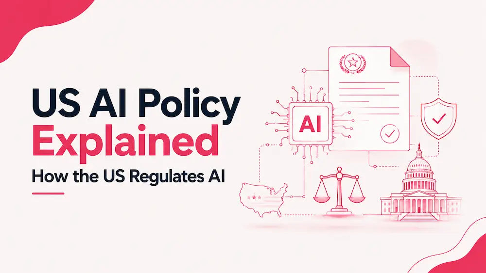 US AI policy explained with an AI chip, legal document, scales of justice, security shield, US map and Capitol building.