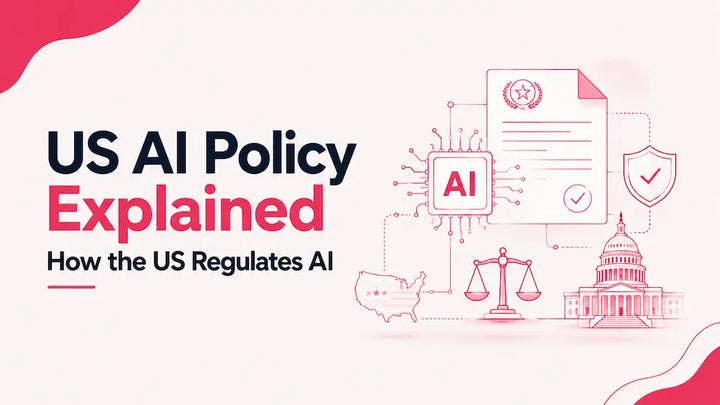 US AI policy explained with an AI chip, legal document, scales of justice, security shield, US map and Capitol building.