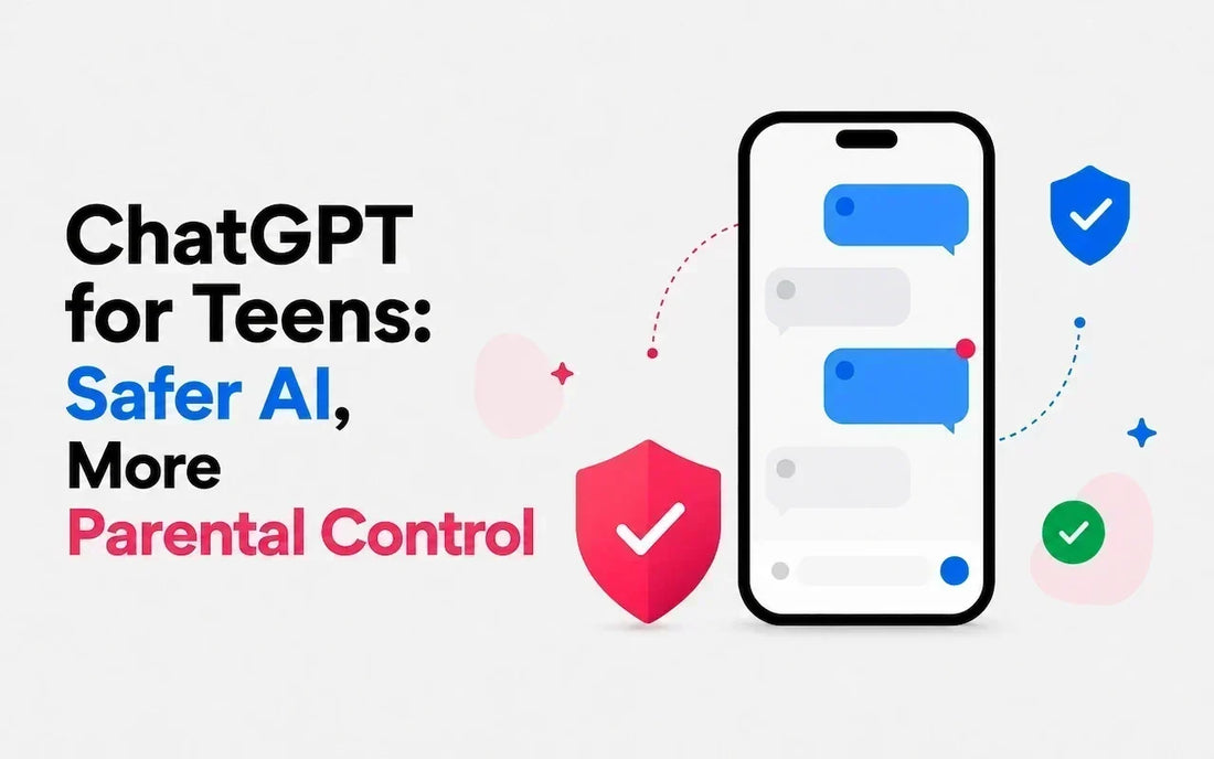 "ChatGPT for Teens illustration showing a smartphone chat interface with safety shield and checkmark icons representing new AI safeguards