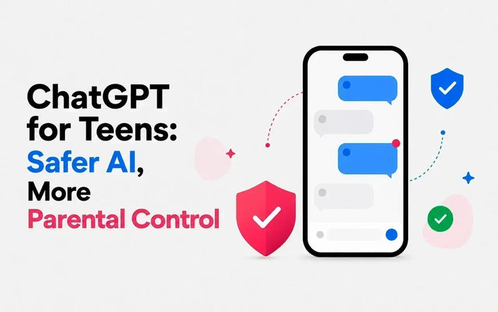 "ChatGPT for Teens illustration showing a smartphone chat interface with safety shield and checkmark icons representing new AI safeguards
