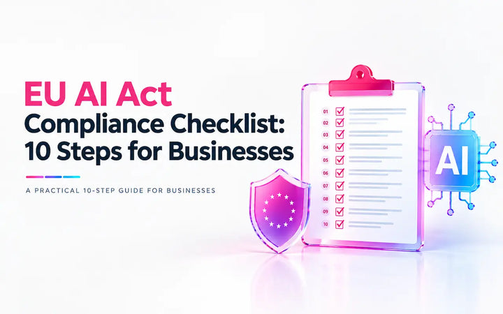 EU AI Act compliance checklist with 10 steps for businesses, featuring an AI chip, EU compliance shield, and checklist graphic.