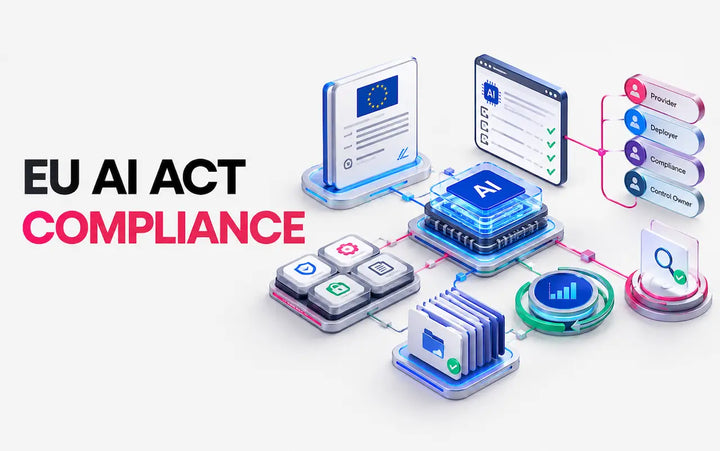 EU AI Act compliance for compliance professionals with AI governance documents, EU regulatory shield, compliance checklist, and artificial intelligence technology illustration.