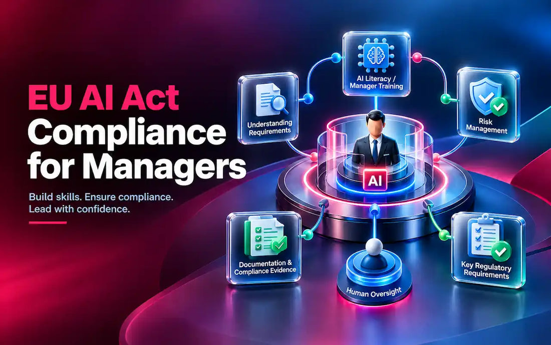 EU AI Act compliance for managers, illustrating AI literacy, risk management, regulatory requirements, human oversight, and compliance evidence.
