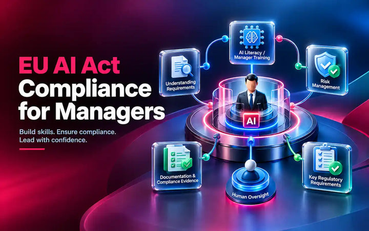 EU AI Act compliance for managers, illustrating AI literacy, risk management, regulatory requirements, human oversight, and compliance evidence.