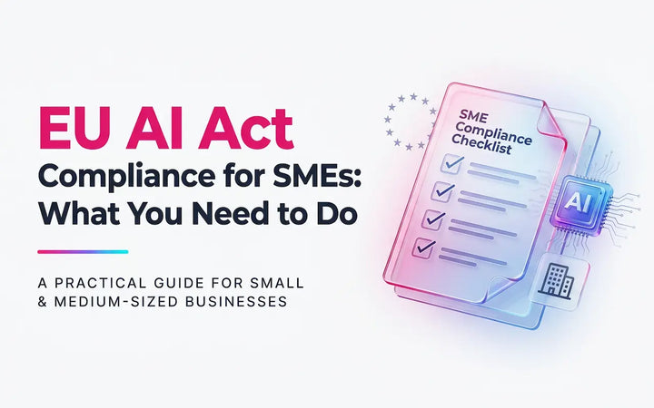 EU AI Act compliance for SMEs, featuring a business compliance checklist, EU shield, and AI chip illustration.