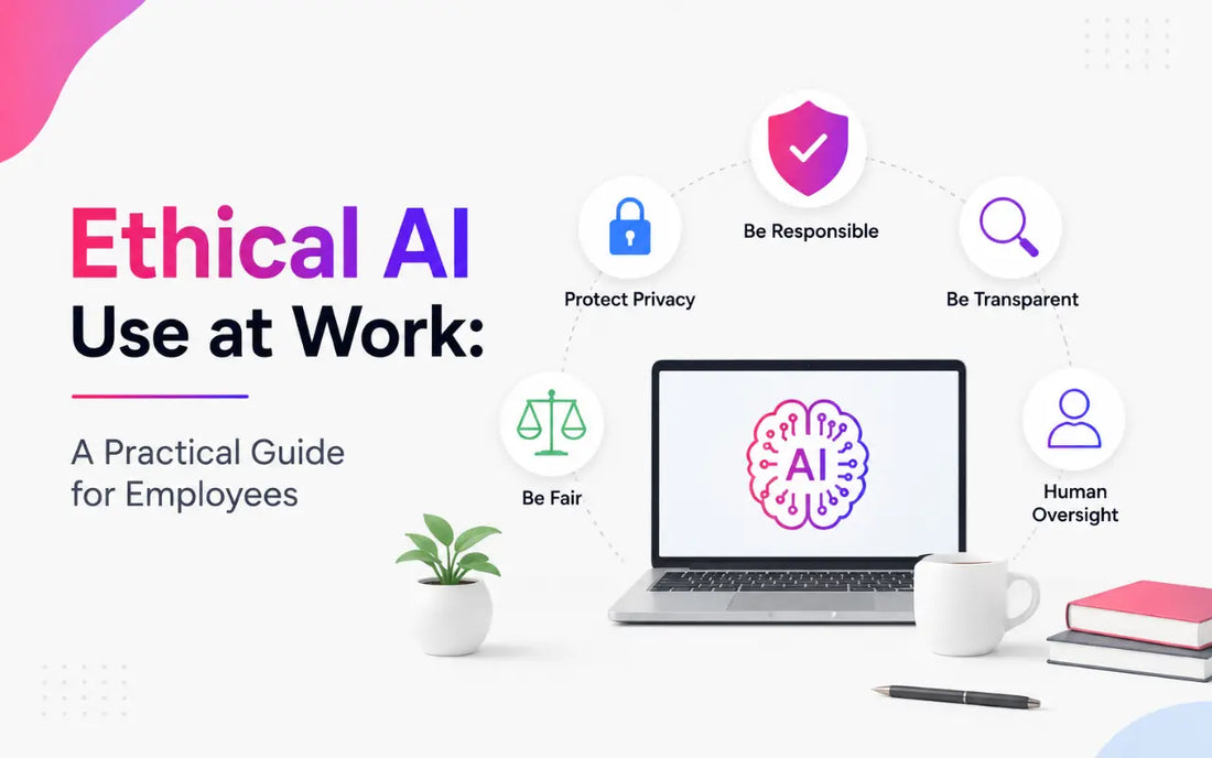 Ethical AI use at work infographic showing privacy, fairness, transparency, responsibility, and human oversight for employees.