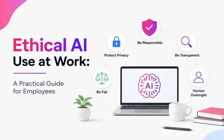 Ethical AI use at work infographic showing privacy, fairness, transparency, responsibility, and human oversight for employees.