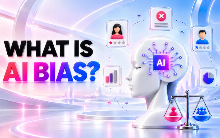 AI bias concept illustrated with an artificial intelligence system producing unequal outcomes, demographic differences, ratings, analytics, and fairness concerns in automated decision-making.