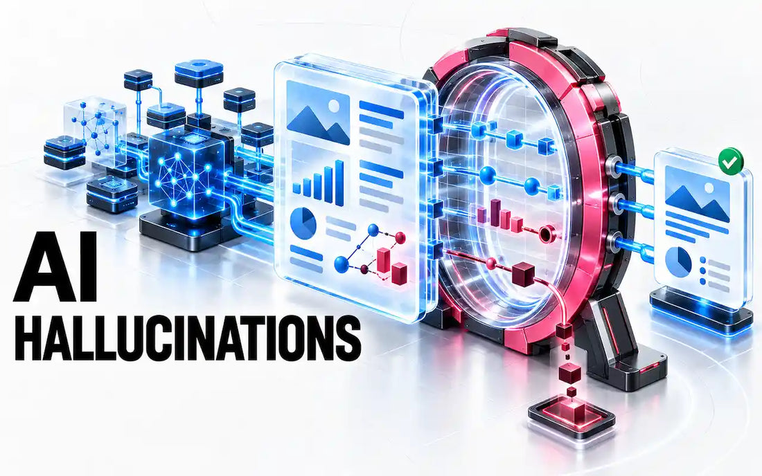 AI hallucinations illustrated as AI-generated information passing through a verification system to produce a verified output.