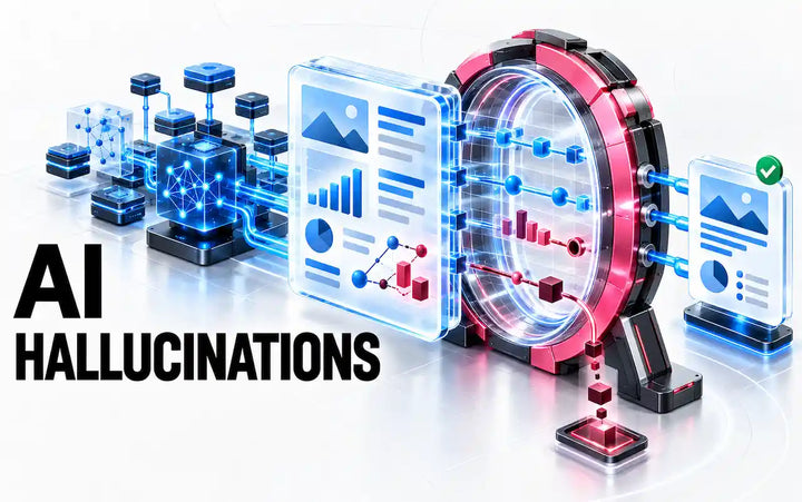 AI hallucinations illustrated as AI-generated information passing through a verification system to produce a verified output.