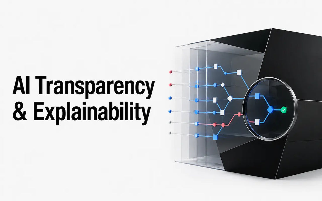 AI transparency and explainability concept showing visible AI decision pathways being examined through an inspection lens