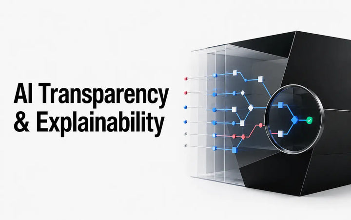 AI transparency and explainability concept showing visible AI decision pathways being examined through an inspection lens