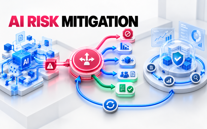  AI risk mitigation concept showing how organizations identify AI risks, apply controls, reduce exposure, document decisions, and continuously monitor AI systems to keep risks within acceptable levels.