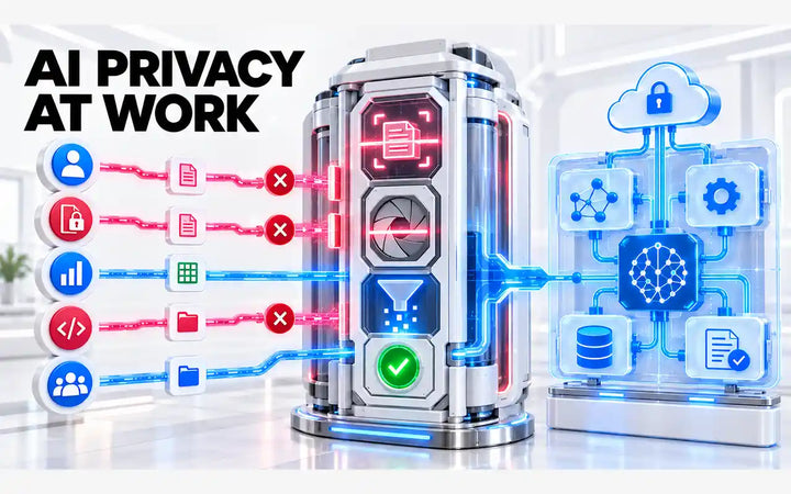 AI privacy at work illustrated with sensitive data filtering, blocked information flows, secure cloud systems, and protected workplace AI data processing.