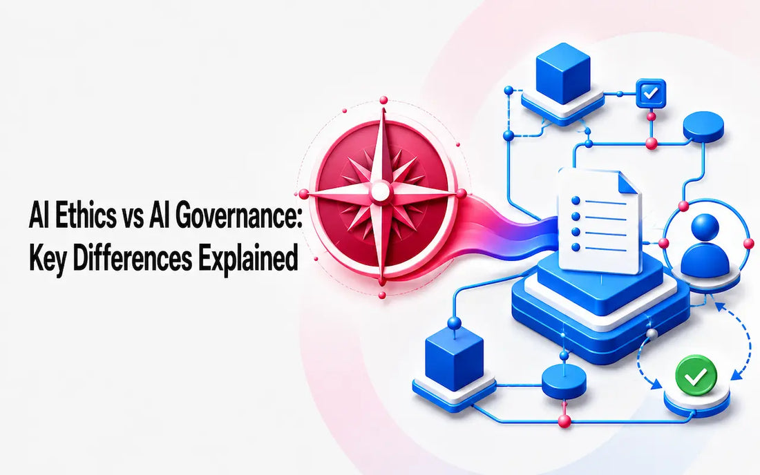 AI ethics vs AI governance concept showing the relationship between ethical principles, oversight structures, accountability, decision-making, and operational controls used to guide responsible AI implementation.