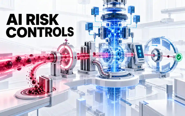 AI risk management controls illustration showing how organizations identify, filter, test, monitor, and control AI risks through layered safeguards.