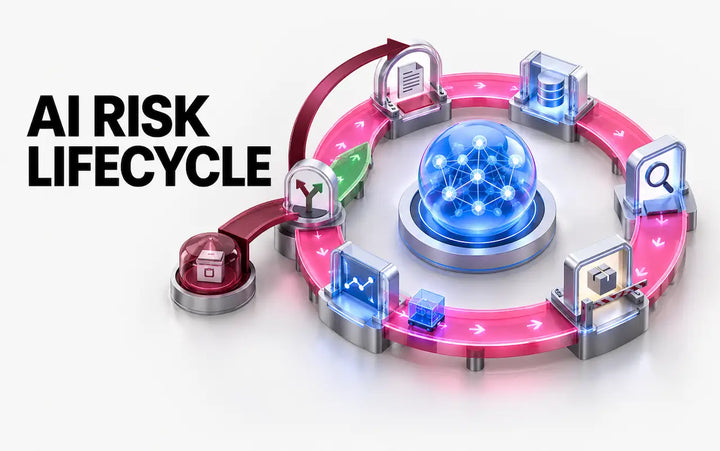 AI risk management lifecycle diagram showing continuous assessment, monitoring, governance, risk controls, and changes throughout the AI system lifecycle.