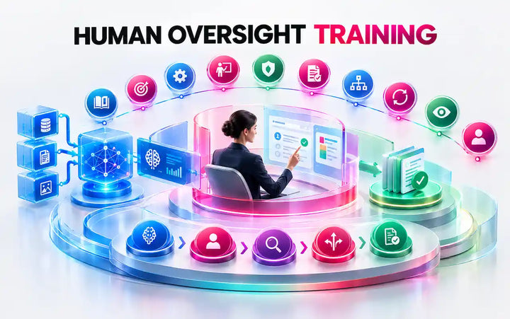 Human in the loop AI training showing human oversight, AI system monitoring, risk assessment, and responsible AI decision-making