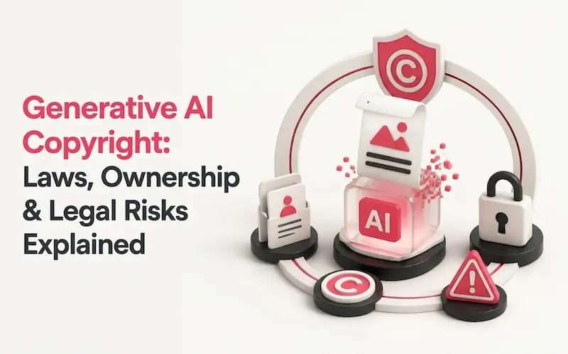 3D isometric illustration about Generative AI copyright, showing a document flowing from an "AI" cube, protected by a copyright shield and padlock, alongside a stack of laws and a warning symbol.